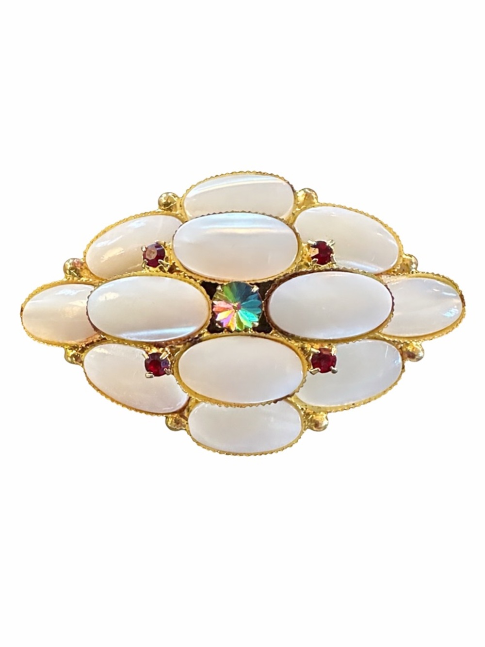 Vintage White Cabochon Statement Brooch Gold Tone Green Center Large 2.5"